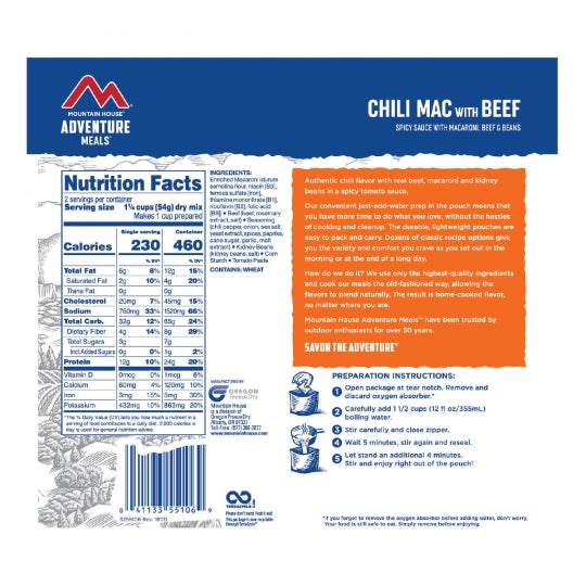 Mountain House Chili Mac w/Beef Clean Label | 2 Servings - Gear For Adventure