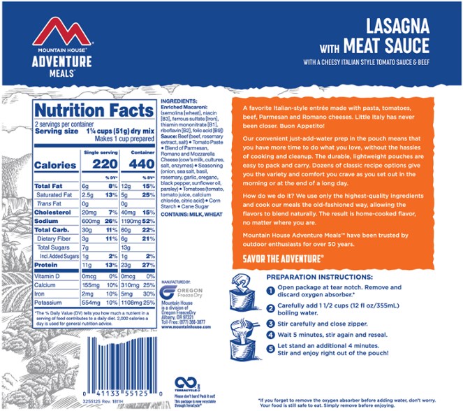 Mountain House Lasagna w/Meat Clean Label | 2 Servings - Gear For Adventure